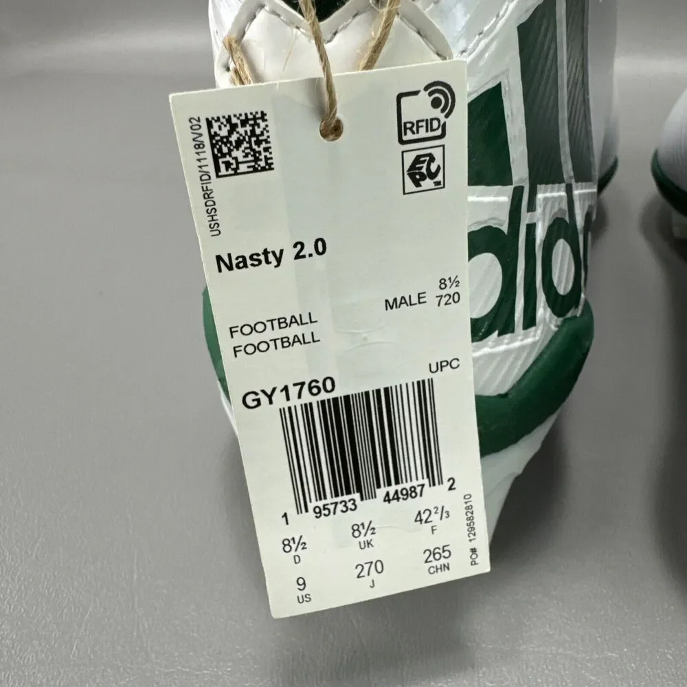 Adidas Nasty 2.0 Football Cleats Sz 9M White Green Athletic Preppy GY1760‎